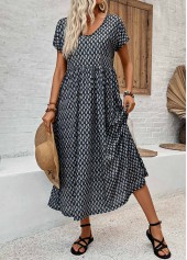 Black Pocket Geometric Print Short Sleeve V Neck Dress