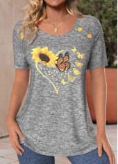 Light Grey Marl Button Sunflower Print T Shirt