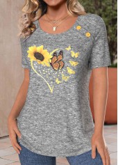 Light Grey Marl Button Sunflower Print T Shirt | thumb picture 