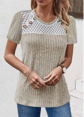 Light Camel Lace Short Sleeve Round Neck T Shirt