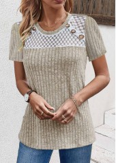 Light Camel Lace Short Sleeve Round Neck T Shirt