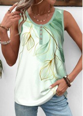 Light Green Button Leaf Print Sleeveless Tank Top