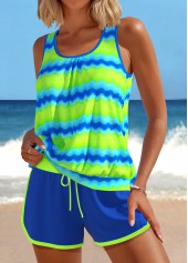 Patchwork Wave Pattern Print Neon Green Tankini Set