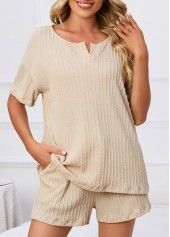Beige Short Sleeve Split Neck Lounge Top and Shorts