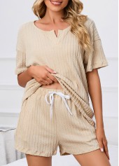 Beige Short Sleeve Split Neck Lounge Top and Shorts | thumb picture 