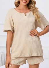 Beige Short Sleeve Split Neck Lounge Top and Shorts | thumb picture 