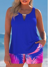 Cut Out Tropical Plants Print Royal Blue Tankini Set