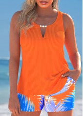 Cut Out Tropical Plants Print Orange Tankini Set