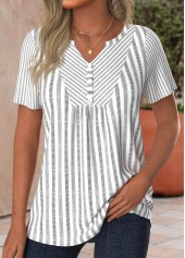 Light Grey Button Striped Short Sleeve T Shirt