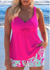Drawstring Paisley Print Hot Pink Tankini Set