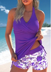 Surplice Random Floral Print Purple Tankini Set