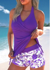 Surplice Random Floral Print Purple Tankini Set | thumb picture 