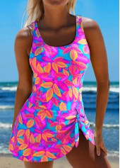 Asymmetry Leaf Print Hot Pink One Piece Swimdress | thumb picture 