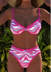 Smocked Wave Pattern Print Hot Pink Bikini Set