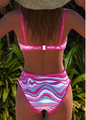 Smocked Wave Pattern Print Hot Pink Bikini Set | thumb picture 