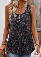 Black Button Ditsy Floral Print Sleeveless Tank Top