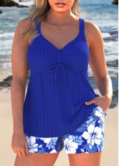 Plus Size Ruched Royal Blue Floral Print Tankini Set
