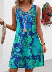 Blue Breathable Floral Print A Line Sleeveless Dress