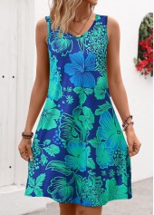 Blue Breathable Floral Print A Line Sleeveless Dress | thumb picture 