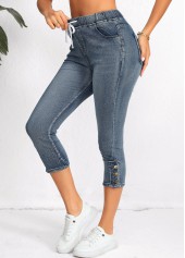 Denim Blue Pocket Regular Elastic Waist High Waisted Jeans | thumb picture 