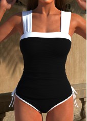 Contrast Binding Patchwork Black Tankini Set