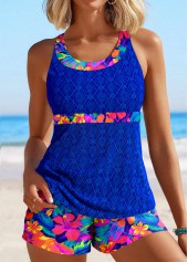 Lace Floral Print Royal Blue Tankini Set
