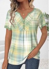 Light Green Ruched Plaid Short Sleeve T Shirt