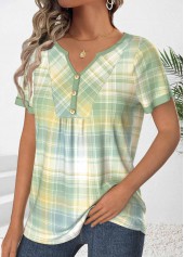 Light Green Ruched Plaid Short Sleeve T Shirt | thumb picture 