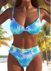Smocked Tropical Plants Print Sky Blue Bikini Set