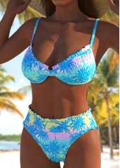 Smocked Tropical Plants Print Sky Blue Bikini Set | thumb picture 
