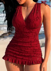 Lace Wine Red One Piece Swimdress | thumb picture 