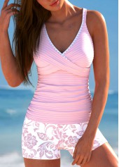 Surplice Random Floral Print Pink Tankini Set