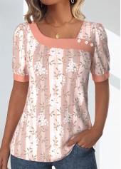 Light Pink Patchwork Floral Print Short Sleeve T Shirt
