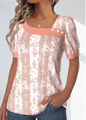 Light Pink Patchwork Floral Print Short Sleeve T Shirt