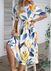 Blue Plants Print Half Sleeve Round Neck Dress | thumb picture 