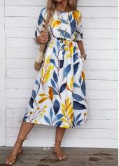 Blue Plants Print Half Sleeve Round Neck Dress | thumb picture 
