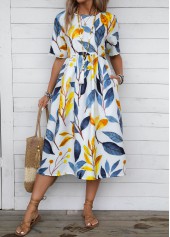 Blue Plants Print Half Sleeve Round Neck Dress | thumb picture 