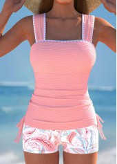 Drawstring Paisley Print Pink Tankini Set