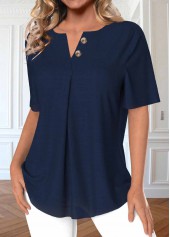 Navy Button Short Sleeve Split Neck Blouse | thumb picture 