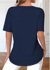 Navy Button Short Sleeve Split Neck Blouse | thumb picture 
