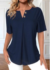 Navy Button Short Sleeve Split Neck Blouse