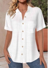 Button Up White Pocket Short Sleeve Shirt