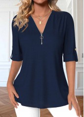 Navy Zipper 3/4 Sleeve V Neck Blouse