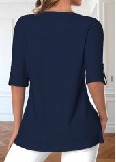 Navy Zipper 3/4 Sleeve V Neck Blouse | thumb picture 