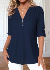 Navy Zipper 3/4 Sleeve V Neck Blouse | thumb picture 