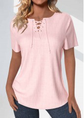 Light Pink Lace Up Short Sleeve Blouse