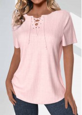 Light Pink Lace Up Short Sleeve Blouse | thumb picture 