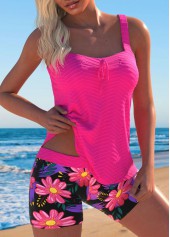 Jacquard Floral Print Hot Pink Tankini Set