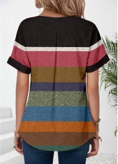 Multi Color Patchwork Short Sleeve Split Neck T Shirt | thumb picture 