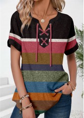 Multi Color Patchwork Short Sleeve Split Neck T Shirt